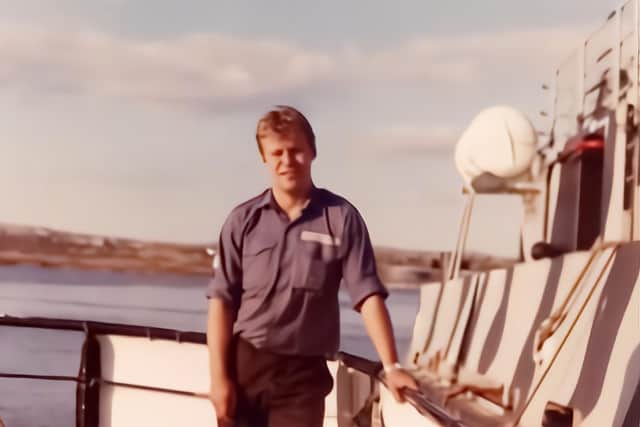 Ready and willing to serve: Mac in his RN uniform heading to the Falklands on board HMS Antrim.