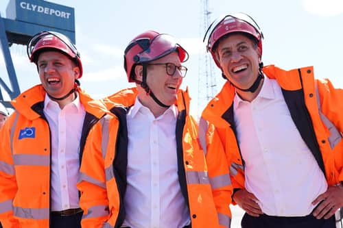 Scottish Labour leader Anas Sarwar, Labour Party leader Sir Keir Starmer and shadow secretary of state for energy security and net zero Ed Miliband in Greenock on the General Election campaign trail. Photo: Stefan Rousseau/PA Wire