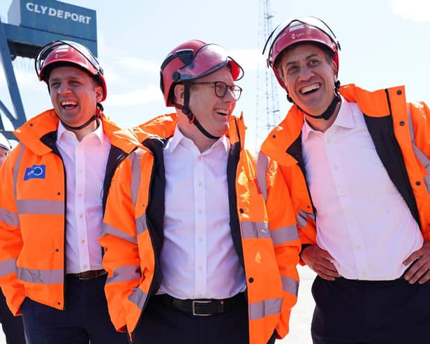 Scottish Labour leader Anas Sarwar, Labour Party leader Sir Keir Starmer and shadow secretary of state for energy security and net zero Ed Miliband in Greenock on the General Election campaign trail. Photo: Stefan Rousseau/PA Wire