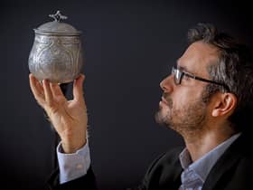 Dr Adrian Maldonado, Galloway Hoard Researcher at National Museum of Scotland, with 3D reconstruction of Silver vessel from the Hoard ,which is now on display at Kirkcudbright Galleries. PIC: Neil Hanna.