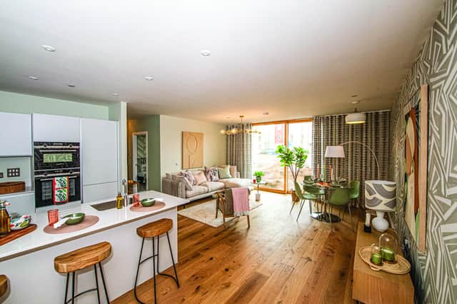 The Rowanbank Gardens showhome’s light and airy open-plan living space with Scandi touches
