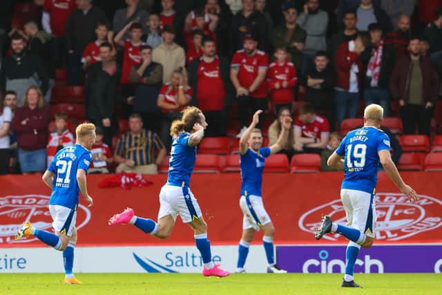 Stevie May celebrates his late winner for St Johnstone against former club Aberdeen. (Photo by Alan Harvey / SNS Group)
