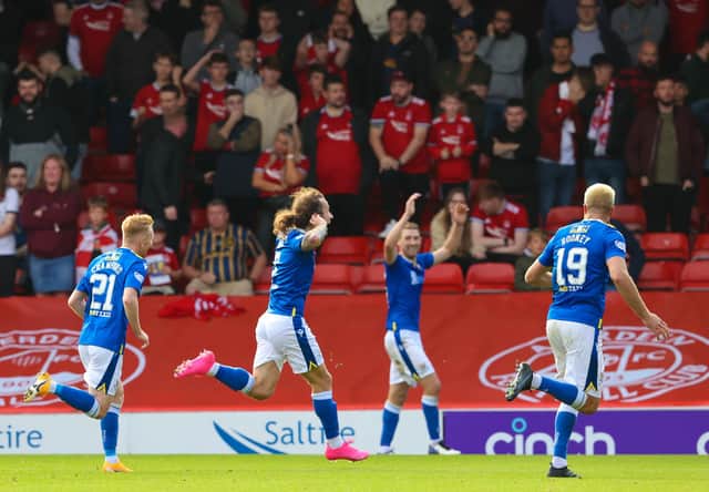 Stevie May celebrates his late winner for St Johnstone against former club Aberdeen.  (Photo by Alan Harvey / SNS Group)