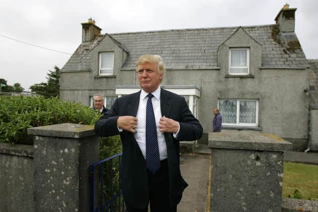 Tycoon Donald Trump pictured at the house in Tong, on the Isle of Lewis, where his mother was brought up before she emigrated to the United States. During his visit, Trump reportedly spent less than two minutes in the home with his Scottish cousins.