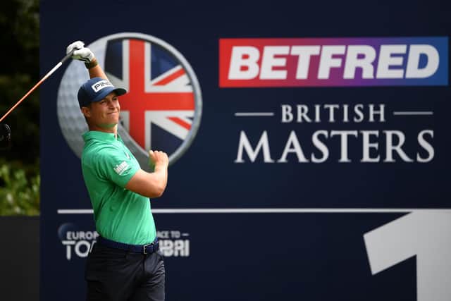 Calum Hill lets go of the club after hitting his opening tee shot in the third round of the Betfred British Masters at at Close House. Picture: Ross Kinnaird/Getty Images