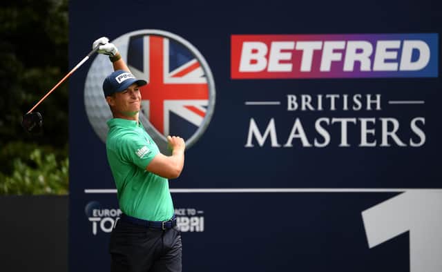 Calum Hill lets go of the club after hitting his opening tee shot in the third round of the Betfred British Masters at at Close House. Picture: Ross Kinnaird/Getty Images