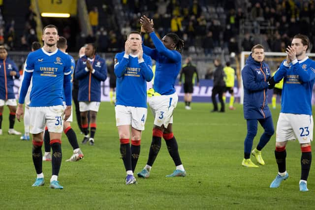 Rangers players celebrate last week's famous win over Borussia Dortmund at the Signal Iduna Park. (Photo by Alan Harvey / SNS Group)