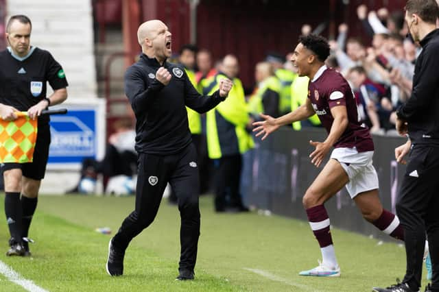 Interim Hearts manager Steven Naismith celebrates during the 2-1 win over Aberdeen last weekend,