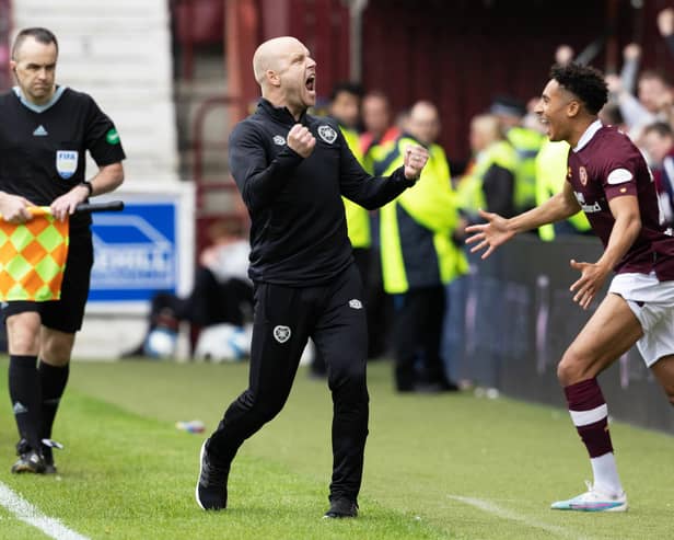 Interim Hearts manager Steven Naismith celebrates during the 2-1 win over Aberdeen last weekend,