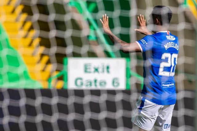 Rangers striker Alfredo Morelos celebrates his first ever goal against Celtic which secured a 1-1 draw for the new Premiership champions. (Photo by Craig Williamson / SNS Group)