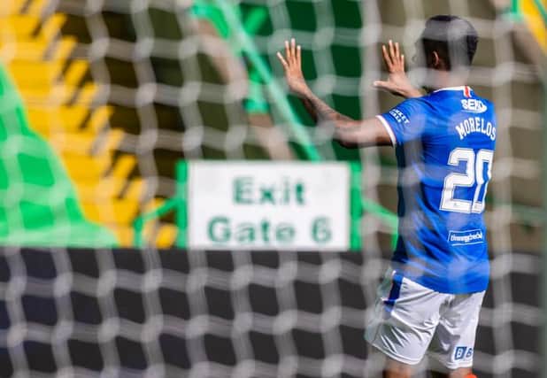 Rangers striker Alfredo Morelos celebrates his first ever goal against Celtic which secured a 1-1 draw for the new Premiership champions. (Photo by Craig Williamson / SNS Group)