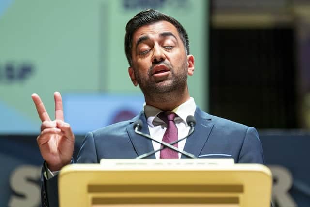 First Minister Humza Yousaf speaking at the SNP independence convention at Caird Hall in Dundee. Party members will discuss how Scotland can hold a legally binding referendum for independence.
