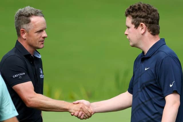 Bob MacIntyre shakes hands with Europe's Ryder Cup captain Luke Donald after they played in the same group in the opening two rounds of the BMW PGA Championship at Wentworth. Picture: Andrew Redington/Getty Images.