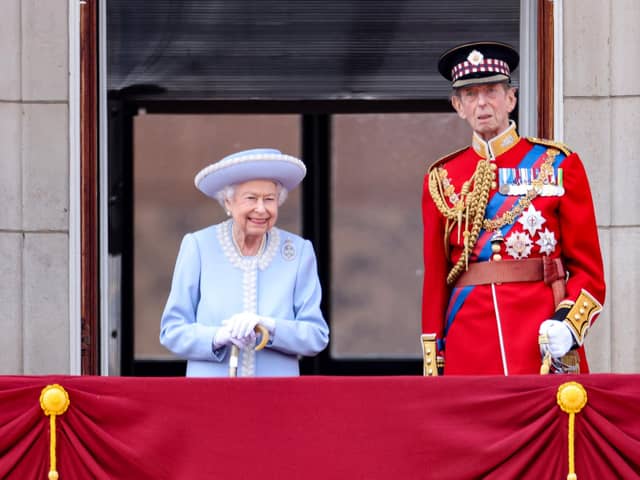 Queen Elizabeth II and Prince Edward, Duke of Kent on the balcony of Buckingham Palace during the Trooping the Colour parade in London. Picture: Chris Jackson/Getty Images