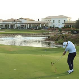 Bob MacIntyre plays his second shot on the 18th hole in the final round of the Aphrodite Hills Cyprus Showdown at Aphrodite Hills Resort in Paphos. Picture: Andrew Redington/Getty Images