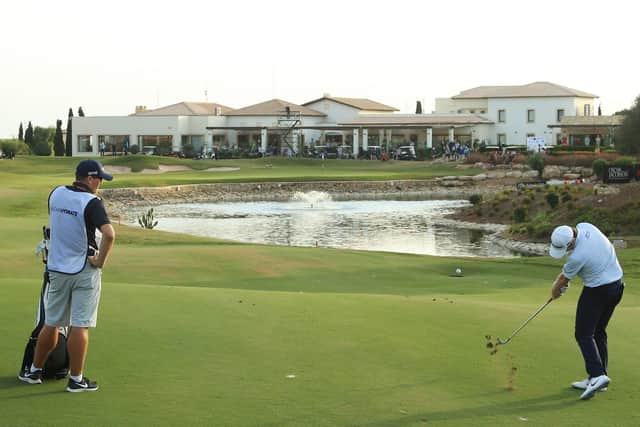 Bob MacIntyre plays his second shot on the 18th hole in the final round of the Aphrodite Hills Cyprus Showdown at Aphrodite Hills Resort in Paphos. Picture: Andrew Redington/Getty Images
