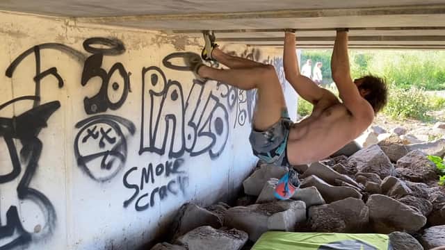 Robbie Phillips on the verge of completing his new route, The Pablo Smoke Crack Crack, named after nearby graffiti