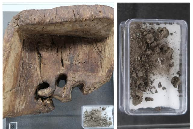 The 2,500-year-old butter dish and the remains of the butter. PIC: Scottish Crannog Centre.