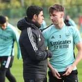 Arsenal duo Mikel Arteta with Kieran Tierney will be cheering on opposing sides during the Old Firm derby at Ibrox on Sunday. (Photo by Stuart MacFarlane/Arsenal FC via Getty Images)