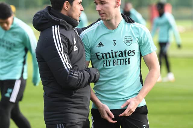 Arsenal duo Mikel Arteta with Kieran Tierney will be cheering on opposing sides during the Old Firm derby at Ibrox on Sunday. (Photo by Stuart MacFarlane/Arsenal FC via Getty Images)