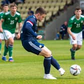 Glenn Middleton scores to make it 3-2 during a friendly match between Scotland and Northern Ireland Under-21s in Dumbarton.