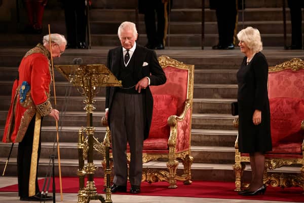 King Charles III, seen with Camilla, the Queen Consort, at Westminster Hall, London, addressed both Houses of Parliament as members expressed their condolences following the death of Queen Elizabeth II (Picture: Henry Nicholls/PA)
