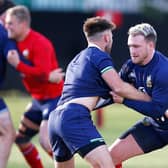 Stuart Hogg at a British and Irish Lions training session with Ali Price.