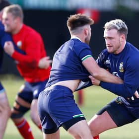 Stuart Hogg at a British and Irish Lions training session with Ali Price.