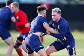 Stuart Hogg at a British and Irish Lions training session with Ali Price.