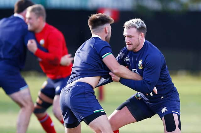 Stuart Hogg at a British and Irish Lions training session with Ali Price.