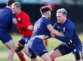 Stuart Hogg at a British and Irish Lions training session with Ali Price.