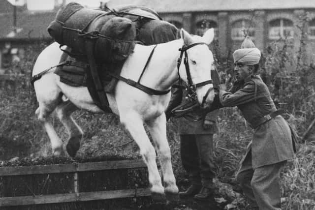 A loaded pack horse is trained to jump over an obstacle by members of the Royal Indian Army Service Corps (Picture: Harry Todd/Fox Photos/Getty Images)