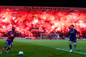 Rangers fans let off pyrotechnics in the Bob Shankly Stand during the match against Dundee at Dens Park on Wednesday night.  (Photo by Ross Parker / SNS Group)