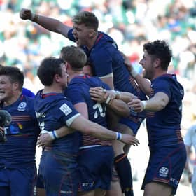 Scotland players celebrate after their victory over England in the final of the World Rugby Sevens Series tournament at Twickenham in  2017.   (Photo: OLLY GREENWOOD/AFP via Getty Images)