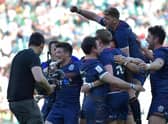 Scotland players celebrate after their victory over England in the final of the World Rugby Sevens Series tournament at Twickenham in  2017.   (Photo: OLLY GREENWOOD/AFP via Getty Images)