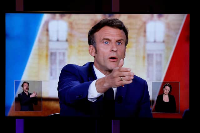 EMmanuel Macron during a live televised debate with French far-right party Rassemblement National (RN) presidential candidate Marine Le Pen, broadcasted on French TV channels TF1 and France 2, in Saint-Denis, north of Paris. Photo by Ludovic Marin/AFP via Getty Images