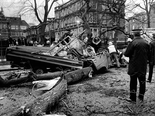 Firemen in the Meadows in December 1982 when a 50-foot tree was blown down and fell on a truck, killing the driver Stanislaw Jakubanes and injuring passenger Danuta Maj.