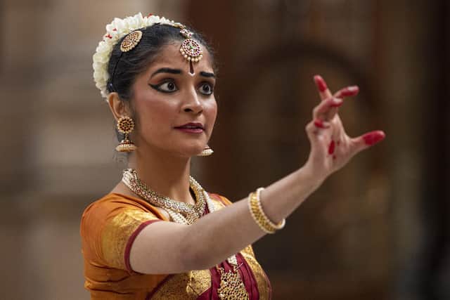 Panchami Chandukudlu performs the dance Ranjani Maala in Bharatanatyam style during the ceremony at Kelvingrove Art Gallery and Museum which marked the repatriation of the artefacts from Glasgow to India. PIC: Ross MacDonald - SNS Group.



(Photo by Ross MacDonald / SNS Group)