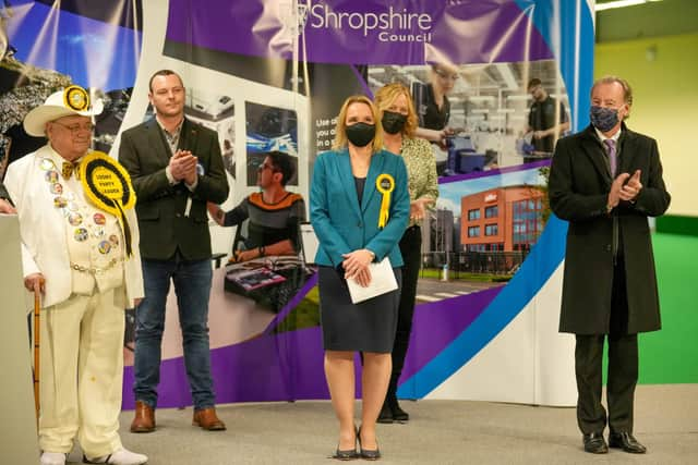 : North Shropshire by-election winner Helen Morgan of the Liberal Democrats, is applauded by other candidates at Shrewsbury Sports Centre. The North Shropshire seat was previously held by Conservative MP Owen Paterson who resigned in November 2021. The win by the Liberal Democrats is being called one of the most sensational by-election results in Britain for decades (Photo by Christopher Furlong/Getty Images)