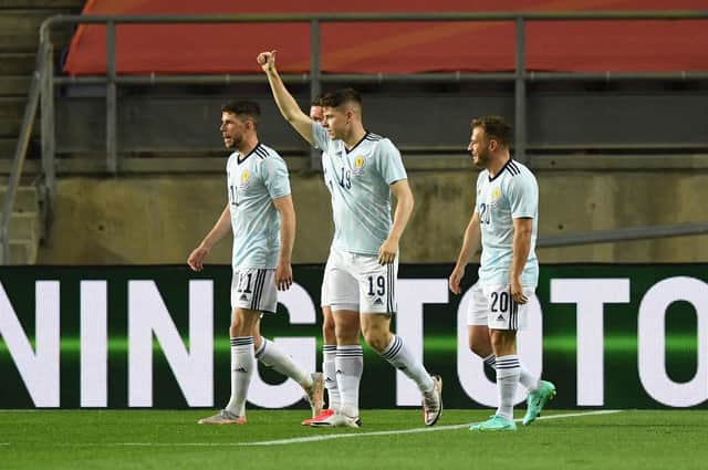 Hibs striker Kevin Nisbet celebrates scoring his first goal for Scotland in the 2-2 draw with the Netherlands (Photo by PATRICIA DE MELO MOREIRA / AFP) (Photo by PATRICIA DE MELO MOREIRA/AFP via Getty Images)