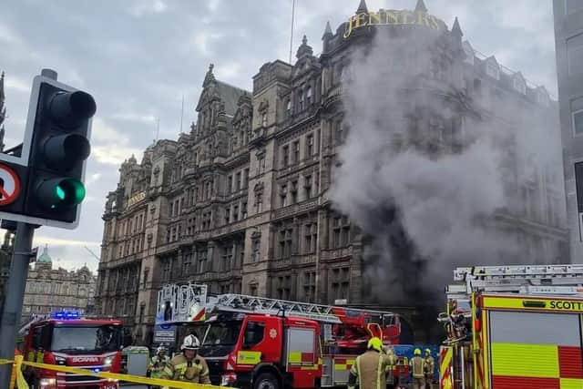 Five firefighters have been hospitalised as crews tackle a 'very serious' blaze at the Edinburgh landmark. Picture: BBC
