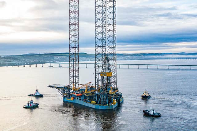 Surrounding the Valaris Gorilla VI from back left, clockwise, are: The Corringham (Targe); the Craigleith (Forth Estuary Towage); the Inchcolm (Forth Estuary Towage); and the Peterel (Targe). Picture: Theo Currie