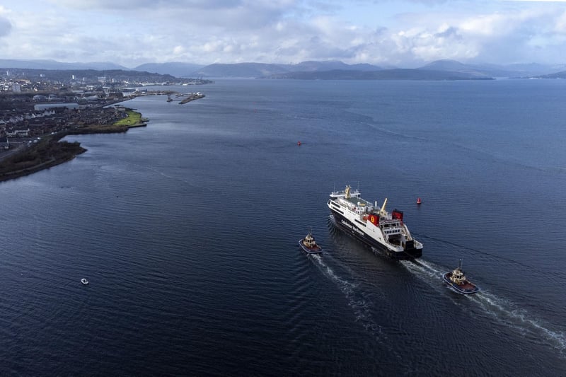 Tugs accompanying Glen Sannox as it heads from Port Glasgow to Greenock at the start of sea trials on Tuesday. Picture: Jane Barlow/PA Wire