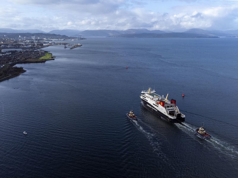Tugs accompanying Glen Sannox as it heads from Port Glasgow to Greenock at the start of sea trials on Tuesday. Picture: Jane Barlow/PA Wire