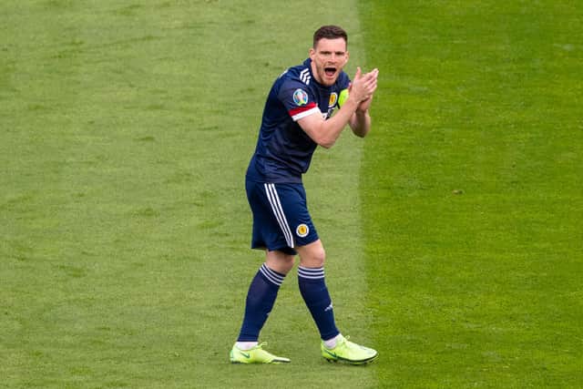GLASGOW, SCOTLAND - JUNE 14: Andy Robertson in action for Scotland during a Euro 2020 match between Scotland and Czech Republic at Hampden Park on June 14, 2021, in Glasgow, Scotland. (Photo by Ross Parker / SNS Group)