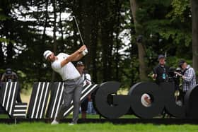 Dustin Johnson of the United States tees off on the 5th hole during day one of the LIV Golf Invitational at The Centurion Club on June 09, 2022 in St Albans, England. (Photo by Matthew Lewis/Getty Images)