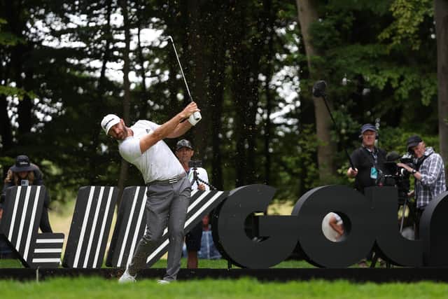 Dustin Johnson of the United States tees off on the 5th hole during day one of the LIV Golf Invitational at The Centurion Club on June 09, 2022 in St Albans, England. (Photo by Matthew Lewis/Getty Images)