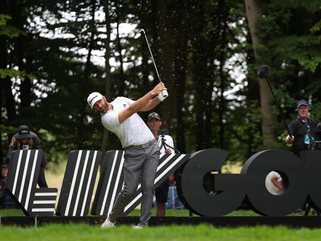 Dustin Johnson of the United States tees off on the 5th hole during day one of the LIV Golf Invitational at The Centurion Club on June 09, 2022 in St Albans, England. (Photo by Matthew Lewis/Getty Images)
