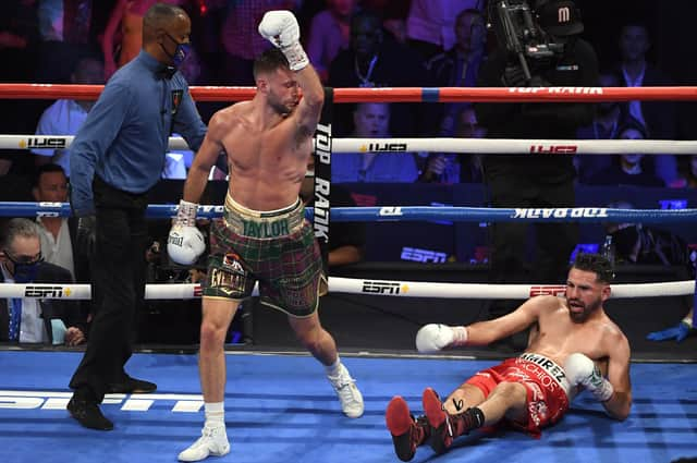 Josh Taylor reacts after knocking down Jose Ramirez en route to becoming the undisputed world super-lightweight champion. Picture: David Becker/Getty Images