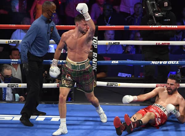 Josh Taylor reacts after knocking down Jose Ramirez en route to becoming the undisputed world super-lightweight champion. Picture: David Becker/Getty Images